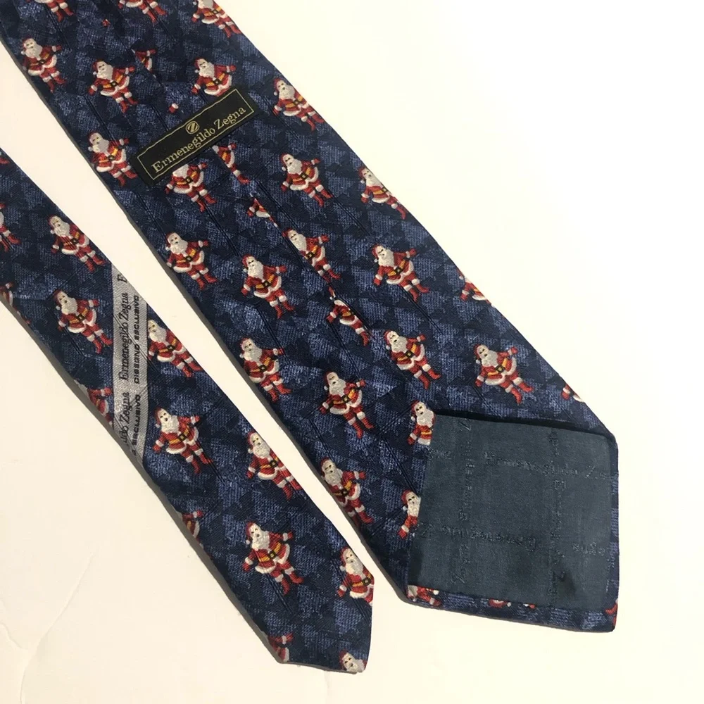 Ermenegildo Zegna Holiday Blue Silk Neck Tie Santa Claus Christmas Trees Luxury